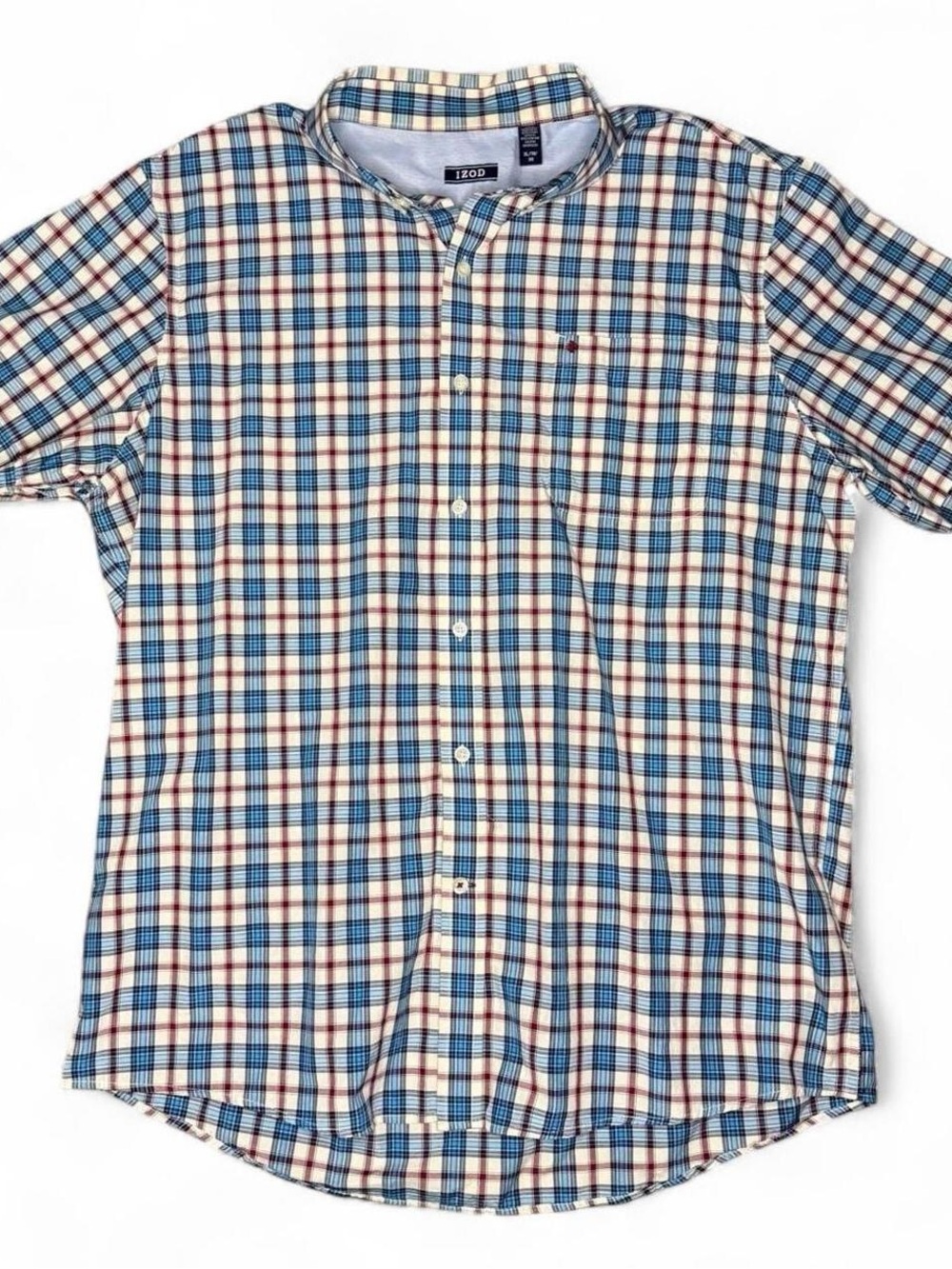 Izod red blue plaid checkered short sleeve button down shirt XL - preppy dadcore